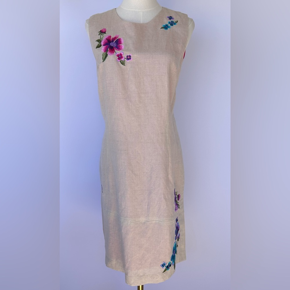 Annie‎ Alexander Women’s Vintage Embroidered Beige Sheath Dress Sleeveless 14